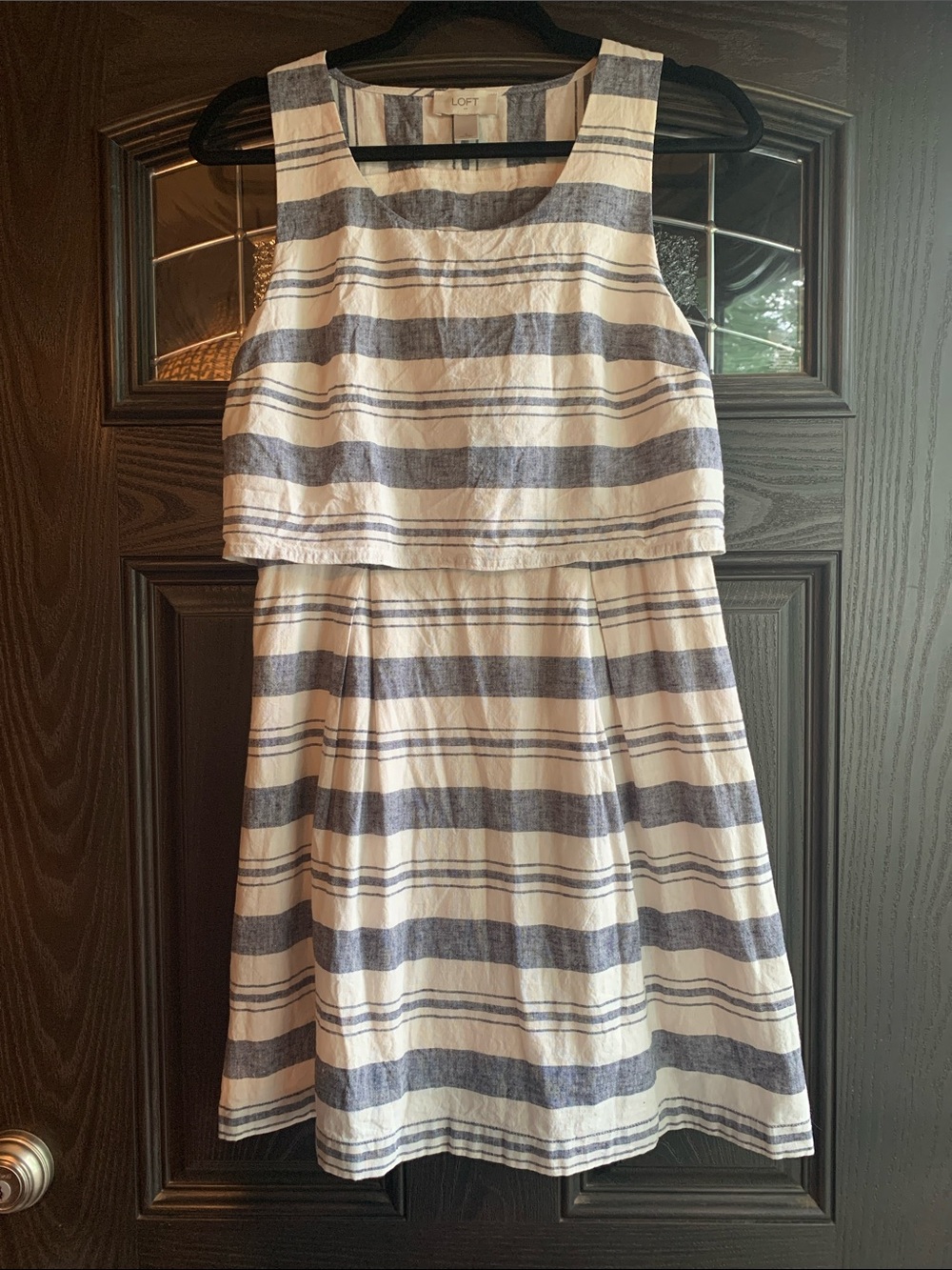 LOFT Linen and Cotton Navy and White Striped Sleeveless Fit-and-Flare Dress
